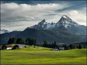 Niemcy, Masyw Watzmann, Bawaria, Chmury, Gmina Berchtesgaden, Lasy, Drzewa, Góry, Domy