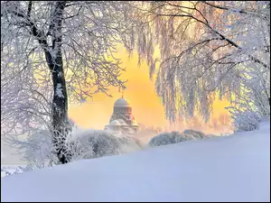 Świt, Drzewa, Śnieg, Zima, Cerkiew