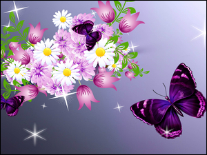 Grafika komputerowa koktajlowego bukieciku kwiatów z motylami