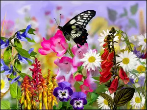 Graficzny motyl na kolorowych kwiatach