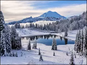 Jezioro Tipsoo Lake i stratowulkan Mount Rainier zimą