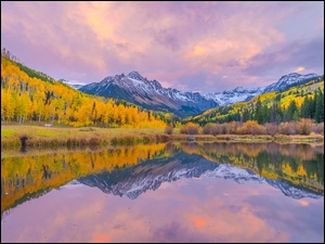 Jesień, Góry Skaliste, Odbicie, Kolorado, Jezioro, Drzewa, Stany Zjednoczone, Maroon Lake