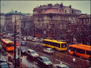 Zima, Serbia, Samochody, Padający, Belgrad, Autobusy, Śnieg, Miasto