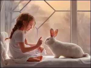 Dziewczynka z króliczkiem na parapecie okna
