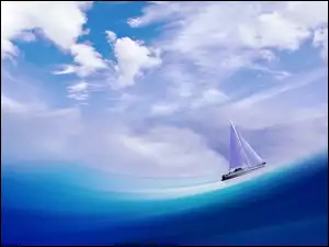 Żaglówka na morzu i niebo z chmurami
