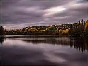 Drzewa, Zachmurzone, Kanada, Lasy, Quebec, Rzeka Manicouagan, Niebo