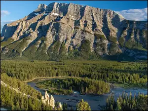 Mount Rundle, Góra, Jezioro, Kanada, Drzewa, Park Narodowy Banff