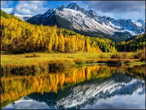 Mount Sneffels, Blue Lake, JesieĹ, Las, San Juan Mountains, Stan Kolorado, Jezioro, GĂłry, Drzewa, GĂłra, Stany Zjednoczone