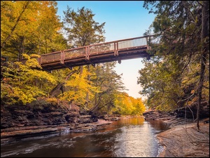 Michigan, Rzeka, Jesień, Stany Zjednoczone, Drzewa, Most, Presque Isle River