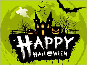 PĹot, Happy Halloween, Drzewa, Zielone, TĹo, Zamek, Dynie, Halloween, Nietoperze