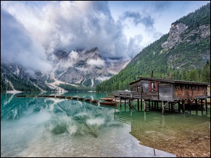 ĹĂłdki, PoĹudniowy Tyrol, Pomost, Chmury, Drewniany, WĹochy, Lago di Braies, Dolomity, Jezioro, Pragser Wildsee, GĂłry, Dom