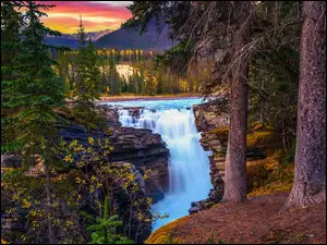 Alberta, Park Narodowy Jasper, ZachĂłd sĹoĹca, Kanada, Drzewa, Athabasca Waterfall, Wodospad