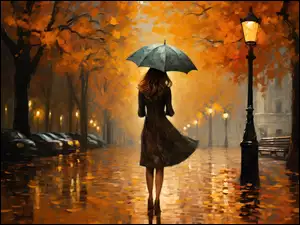 Kobieta pod parasolem na jesiennejulicy wieczorową porą
