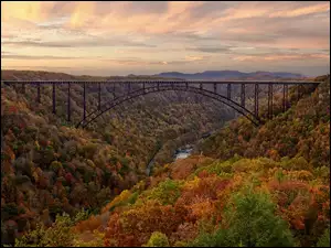 New River Gorge Bridge, Stany Zjednoczone, Rzeka, Jesień, Wirginia Zachodnia, Most, Lasy, Wąwóz