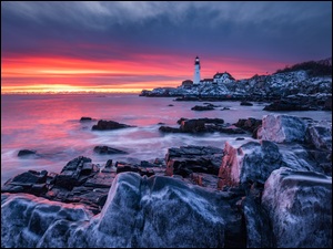 Cape Elizabeth, Morze, Kamienie, Maine, Latarnia morska, ZachĂłd sĹoĹca, Stany Zjednoczone, Portland Head Light