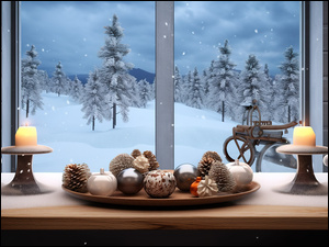 Ĺwiece i dekoracje ĹwiÄteczne na parapecie okna z widokiem na zimowy krajobraz