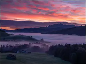 Drzewa, Góry, Opadająca, Domy, Kolorowe, Mgła, Wschód słońca, Niebo