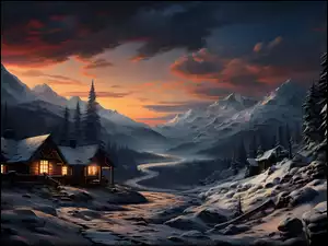 Dom nad strumieniem w zimowych górach w zapadającym zmierzchu