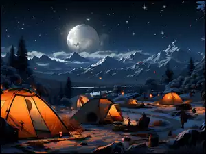 Księżyc nad polem namiotowym w grafice