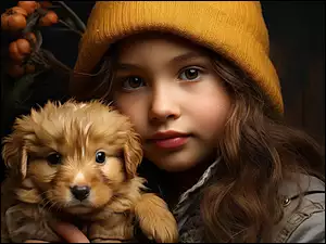 Dziewczynka w czapce z psem na rękach