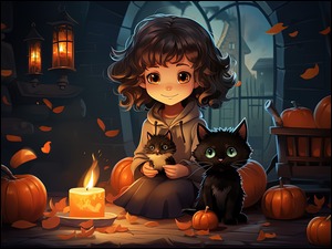 Dziewczynka dyniei dwa koty w scenerii halloweenowej