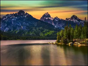 Stany Zjednoczone, Góry, Wyoming, Drzewa, Zachód słońca, Jezioro, Taggart Lake, Park Narodowy Grand Teton, Las