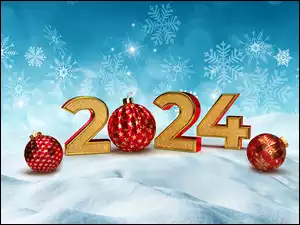 2024, Nowy Rok, Bombki, Śnieżynki, Cyfry, Śnieg