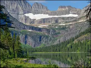Stany Zjednoczone, Jezioro, Montana, Odbicie, Park Narodowy Glacier, Josephine Lake, Drzewa, Góry, Świerki