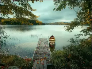 Pomost, Drzewa, Jezioro, Jesień, Łódka