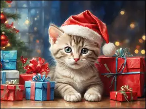 Świąteczne prezenty i kotek w czapce