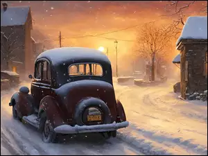 Samochód, Zabytkowy, 2D, Stary, Domy, Śnieg, Zima