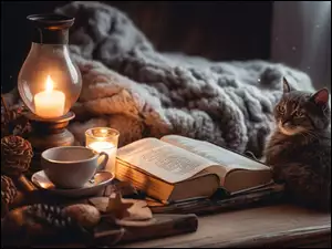 Kotek na stole obok lampy i książki