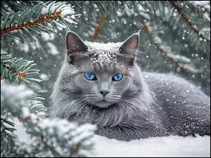Kot, Szary, Oczy, Grafika, Niebieskie, Zima