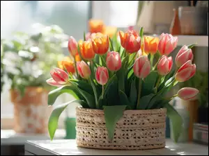 Koszyk, Okno, Tulipany, Kwiaty, Doniczki