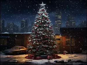 Domy, Boże Narodzenie, Prezenty, Noc, Choinka, Samochód, Śnieg, Bombki