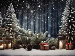 Kompozycja, Choinki, Grafika, Prezenty, Dekoracja, Drzewa, Lampiony, Boże Narodzenie, Szyszki