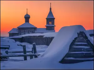 Zabudowania, Śnieg, Cerkiew, Zima, Ogrodzenie