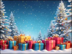 Boże Narodzenie, Śnieg, Prezenty, Padajacy, Choinki, Zima, Kolorowe, Drzewo, Bombki, Grafika