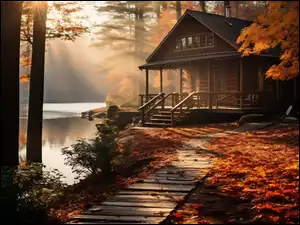 Drewniany dom z werandą pod jesiennymi drzewami nad jeziorem