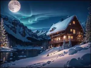 Księżyc oświetla nocne niebo nad chatką górską