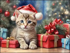 Kotek w czapce Mikołaja wśród prezentów obok choinki