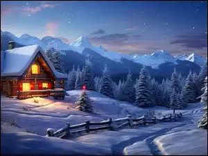 Zima, Oświetlony, Ogrodzenie, Grafika, Góry, Drzewa, Dom