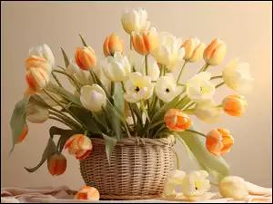 Kolorowe tulipany w wiklinowym koszu