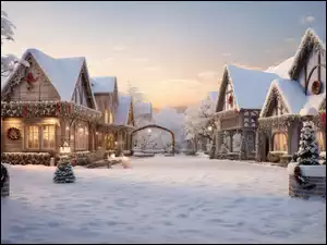 Świątecznie udekorowane i oświetlone domy zimową porą