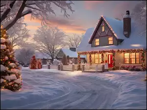 Boże Narodzenie, Drzewa, Wieczór, Ośnieżone, Śnieg, Zima, Domy, Droga, Światła, Choinki