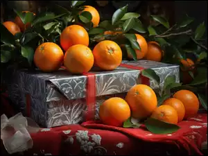 Pudełko z prezentem i rozświetlone pomarańcze