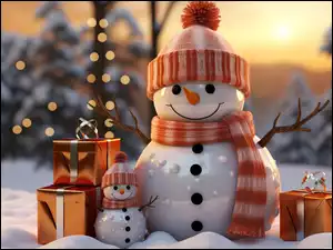 Uśmiechnięte bałwanki w czapkach i szalikach na śniegu obok prezentów