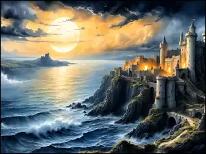 Zamek na skałach w grafice fantasy