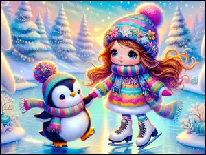 Dziewczynka z małym pingwinem na lodowisku