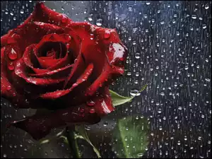 Róża, Szyba, Czerwona, Kwiat, Deszcz